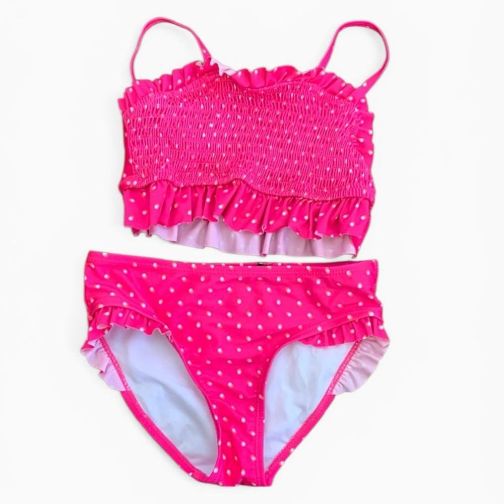 Nautica Girls Pink Polka Dot Bikini Set Size 7 | Ruffle Trim Cute Summer Swim